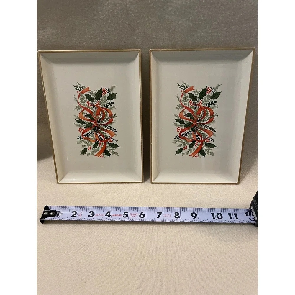 Set Of 2 VTG Otagiri Japan Tray Platter Christmas Red Bow Lauqerware  8.5x6
